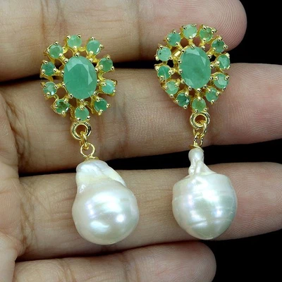 925 Sterling Silver Earrings Oval Emerald 8x6mm Pearl Natural Gemstone Jewelry - Image 1 of 4