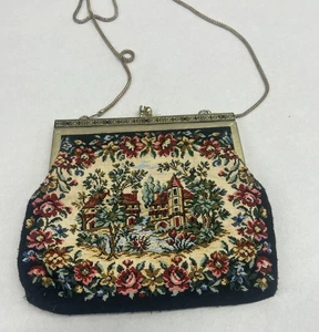 Vintage Delill Tapestry Purse Floral Village Scene Snap Closure Made in Hong Kon - Picture 1 of 6