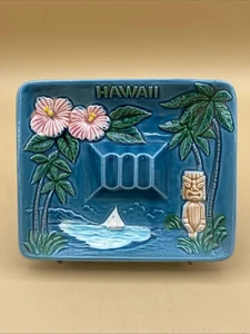 Vtg Hawaii Tiki Aloha Ashtray Ceramic Large Blue MCM Souvenir 6”x7” Tiki Bar - Picture 1 of 6