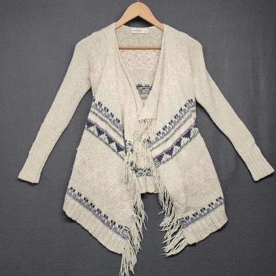 Cárdigan tejido Abercrombie Niños Suéter Niñas Pequeño Azul Crema Frente Abierto Flecos Foto 1 de 4