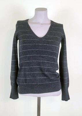 Theory charcoal grey w/ thin chalk stripe wool classic vee neck sweater Sz 2 XS - Image 1 of 4