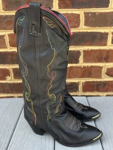 Vintage ACME Cowboy Boots Rainbow Embroidered Stitched Black Leather Womens 7 - Foto 1 di 11