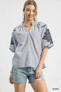 Umgee Women's Embroidered Puff Sleeve Striped Top in Black - Picture 1 of 4