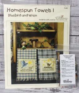 BLUEBIRD AND WREN HOMESPUN TOWELS I cross stitch chart & Accessory Pack NIP - Picture 1 of 3