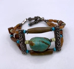 Antique 925 STERLING SILVER BEAD NATURAL Turquoise STONE BRACELET - Picture 1 of 3