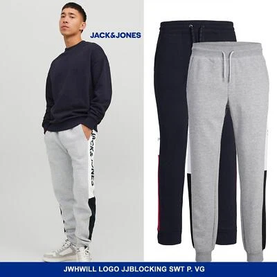 Jack & Jones Men's Slim Fit Sweatpants Ribbed Cuffs, Logo, Navy or Light Grey
