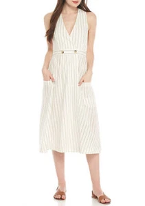 Free People Diana Sleeveless Striped Wrap Midi Shift Dress Ivory Black Size S  - Picture 1 of 10