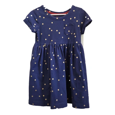 Vestido Mini Boden Niñas Pequeños 5/6 Azul Dorado Lunares Manga Corta Algodón Bolsillos  Foto 1 de 4