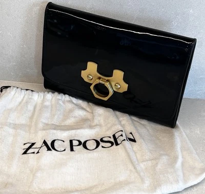 Zac Posen Black Patten Leather Zoe Clutch with Gold Clasp Made in Italy 8”x5” - Image 1 of 4