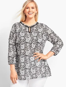 Túnica Talbots NUEVA CON ETIQUETAS Negro Blanco Estampado Paisley Top Manga 3/4 Talla Grande 1X - Imagen 1 de 6
