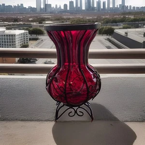 VTG Ruby Red Glass Encased Wrought Iron Caged Handblown Bubble Vase Gothic 10.5" - Picture 1 of 9