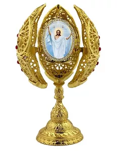 Resurrection of Christ Jesus Icon Egg Filigree Triptych Jeweled 6" Easter Gift - Picture 1 of 6