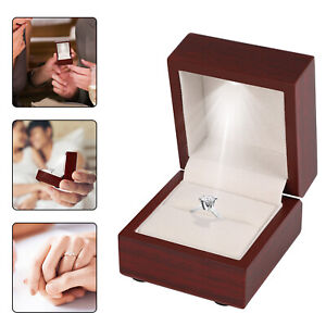 Deluxe Cherry Wooden Ring Box Display Jewelry Earring Gift Holder With LED Light