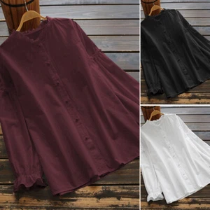 UK Womens Winter Long Sleeve Front Buttons Tops Casual Loose Shirt Blouse 8-24 - Picture 1 of 11