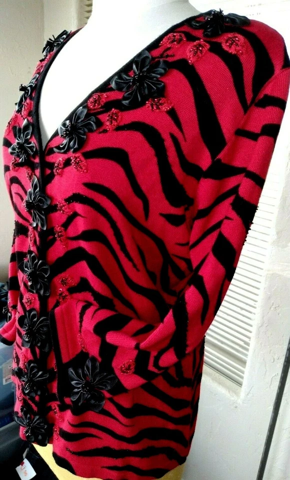 SUÉTER Vintage Cuero Flores Bling Animal Art XL RARO CÁRDIGAN BEREK MUJER  Foto 1 de 4