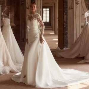 Luxury Mermaid Wedding Dresses High Neck Detachable Train Lace Appliques Gowns - Picture 1 of 9