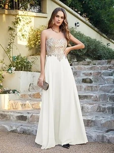 Abendkleid Chic Lang mit floralen Applikationen aus Chiffon Weiß M - Picture 1 of 5
