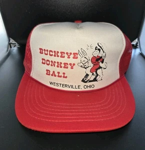 De colección Buckeye Donkey Ball Trucker Sombrero Gorra Westerville Oh Blanco Azul OSFA RARO - Imagen 1 de 6