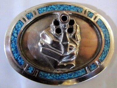 CINTURÓN HEBILLA PUÑO VINTAGE PLATA Y TURQUESA MEXICANO CON PISTOLA Foto 1 de 3