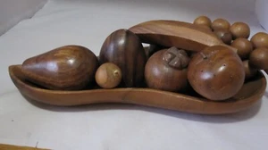 Mid Century Wood Fruit Monkey Pod Bowl 9 Pieces Banana Apple Pear Grapes - Picture 1 of 14