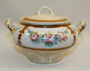 VINTAGE HANDBEMALTE NORITAKE PORZELLAN ZUCKERDOSE MIT DECKEL ROSA ROSEN ALTE GRÜNE MARKE - Bild 1 von 10