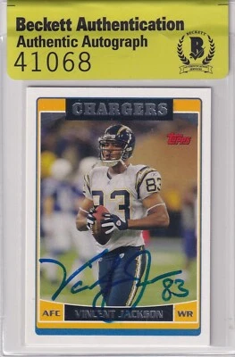 Tarjeta de fútbol americano firmada por Vincent Jackson 2006 Topps Chargers #42 autógrafo certificado de autenticidad BAS Foto 1 de 4