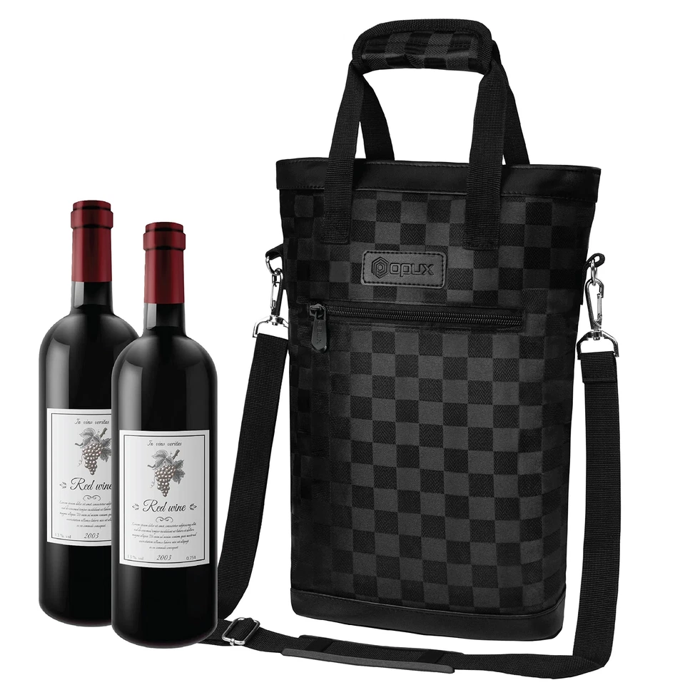 opux Two Bottle Wine Bag Carrier Tote Insulated Leakproof 2 Bottle Wine Coole...