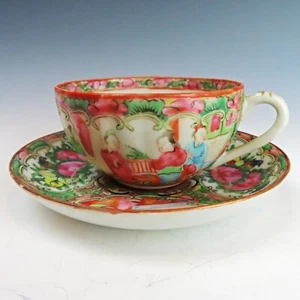 Chinesische antike Rose Medaillon Tasse mit Untertasse unmarkiert ca. 1850-1890 - Bild 1 von 12