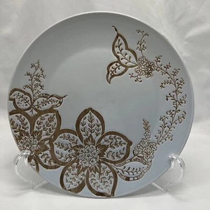 Anthropologie DINNER PLATES Pale Blue with EMBOSSED BROWN FLOWERS Set of 4 - Picture 1 of 5