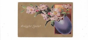 Cartolina d'epoca pasquale / vaso uovo viola / fiori in legno di cane - Foto 1 di 2