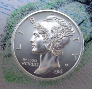 1 oz. 1916 MERCURY DIME coin tribute 30mm fat BU round .999 fine silver - Picture 1 of 5