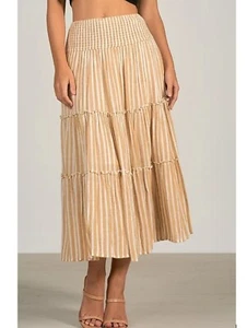 Elan gestreifter Stufen Midi Rock Leinenmischung braun elfenbein Größe Medium - Bild 1 von 5