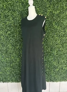 Calvin Klein Sz Large Long Green Knit Dress Sleeveless Gold Buttons Rayon Nylon - Picture 1 of 9