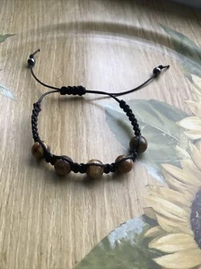 Tigers Eye Bracelet Genuine Gemstone Adjustable Beaded Bracelet Wax Cord - Picture 1 of 4