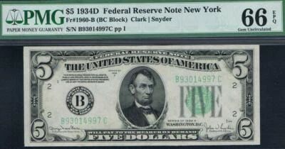 $5 1934D New York FRN. PMG 66 EPQ. Beautiful Note - Image 1 of 2