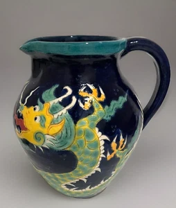 Vintage/Antique Blue Glaze Majolica Pottery Color Dragon Vase pitcher hand-paint - Picture 1 of 8