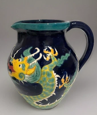 复古 Majolica 陶器龙花瓶蓝色釉色水罐手绘 7.5 — 第 1/4 张图片