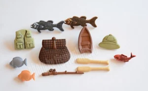 Fishing / Craft Buttons / Buttons Galore / Row Boat w Oars ~ Rods ~ Fish ~ Hat - Picture 1 of 2