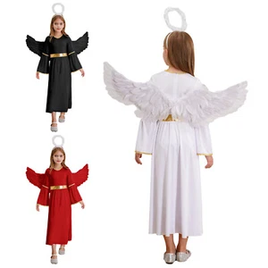 Kids Girls Angel Halloween Costume Dress with Angel Wings Headband Wand 3Pcs AU - Picture 1 of 38