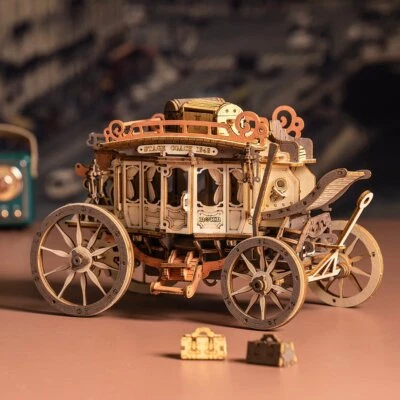 ROKR 3D Wooden Puzzle Stagecoach Music Box Mechanical Model Kits DIY XMAS Gifts - Image 1 of 4