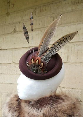 HANDMADE- COUNTRY CRAFTY DESIGNS Pheasant feather brown pillbox fascinator clip hair band accessory