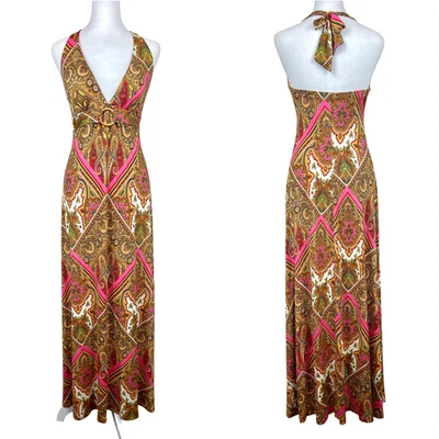 Vintage Y2K Ruby Rox Paisley Print Maxi Halter Dress S Empire Boho 70s Festival - Image 1 of 4