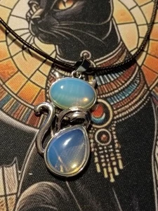 ~ Beautiful Cat Pendant Opalite Necklace Healing Wicca Pagan 18" - Picture 1 of 2