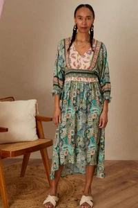 Monsoon Paisley Dress Large Green Folk Hippie Boho Midi Hi Low Hem Shirred - Picture 1 of 8