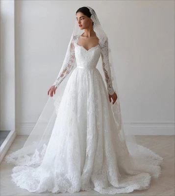 Elegant A-Line Wedding Dresses Boat Neck Full Sleeves Lace Applique Bridal Gowns - Image 1 of 4