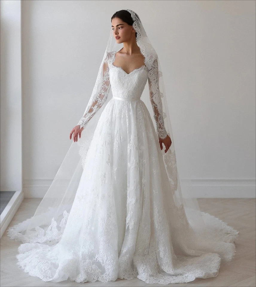 Elegant A-Line Wedding Dresses Boat Neck Full Sleeves Lace Applique Bridal Gowns - Image 1 of 4