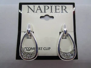 Nwt Ladies' Napier Silver Clip Earrings with Pave White Rhinestones - Picture 1 of 4