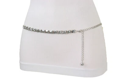 Mujeres Plateado Metal Cadena Eslabones Cadera Cintura Alta Cinturón Estrecho Cuadrado Dijes S M Foto 1 de 4