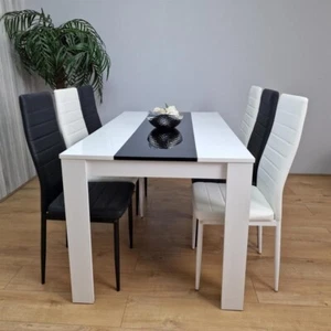 White Gloss Dining Table Set with 6 Faux Leather Chairs Modern Kitchen - Picture 1 of 12