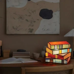 Stained Glass Stacked Books Lamp Night Light Table Desk Reading Book Light Night - Picture 1 of 3